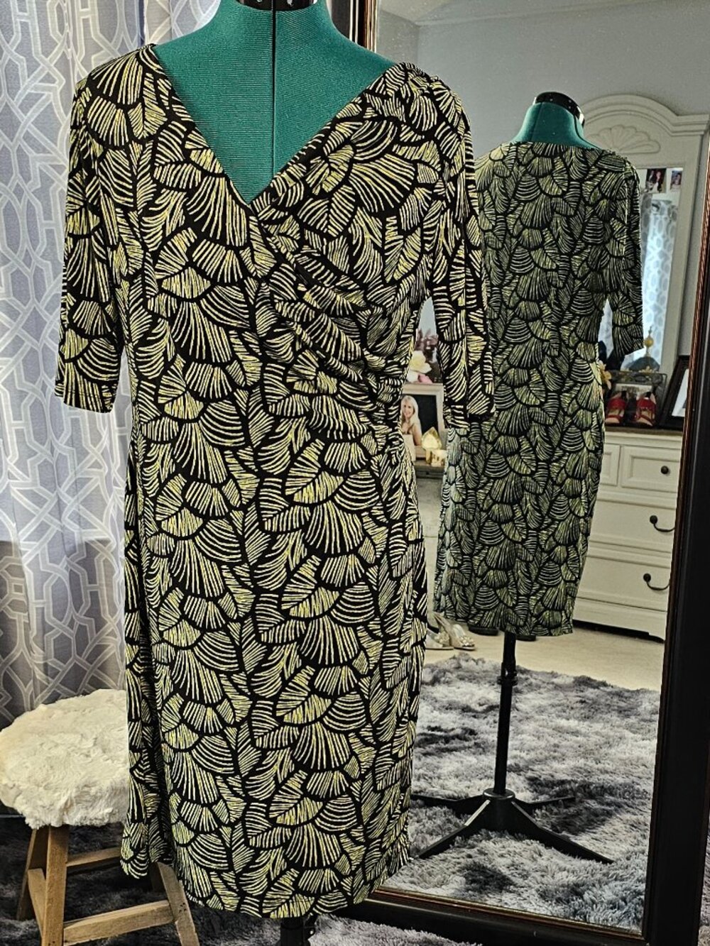 Connected Apparel Faux‑Wrap Midi Dress – Yellow/Black Abstract Leaf Print, Sz 10